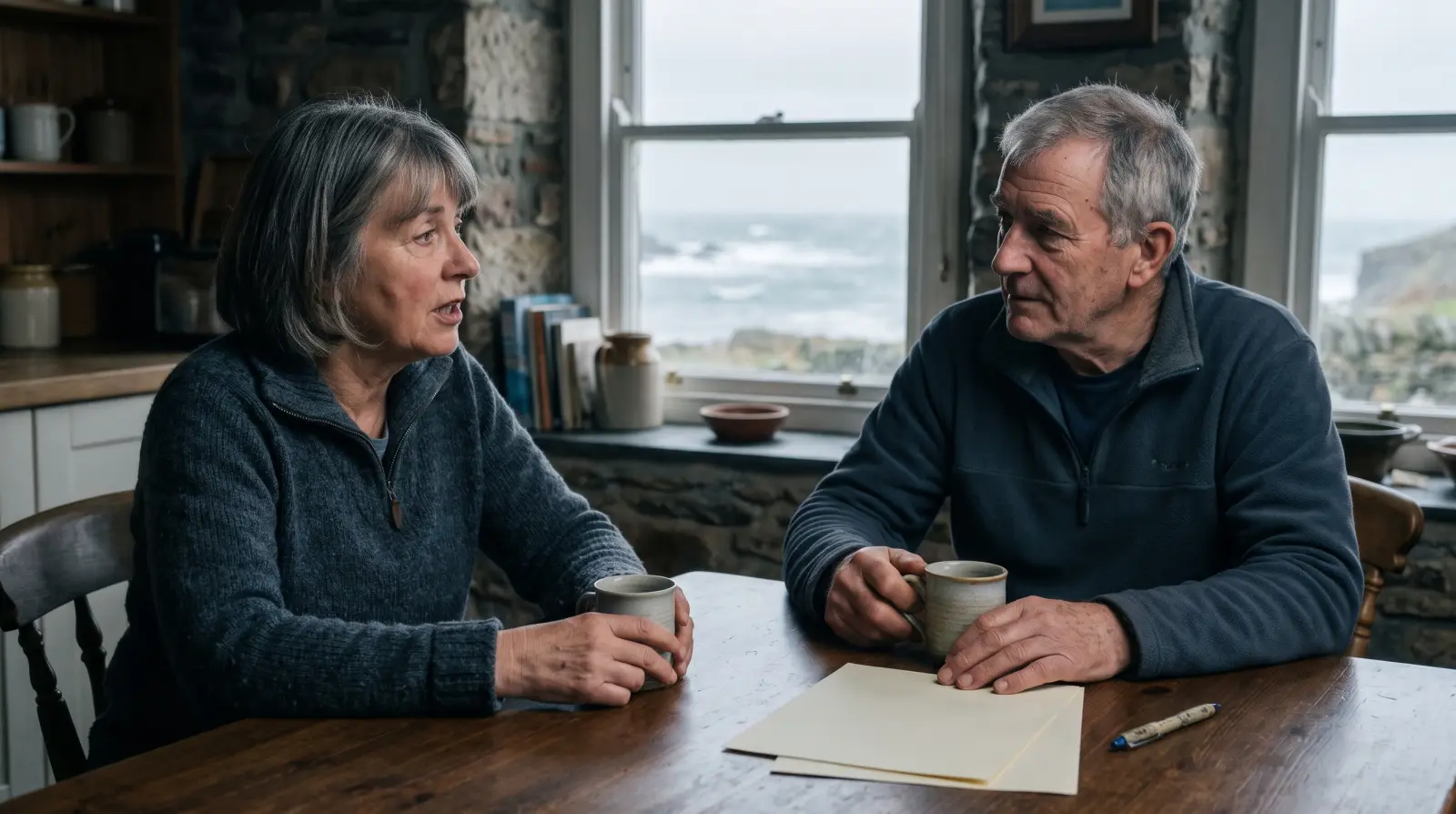 A married couple in their sixties at a dining table in a stone cottage with mugs of tea, talking, the sea visible through the window