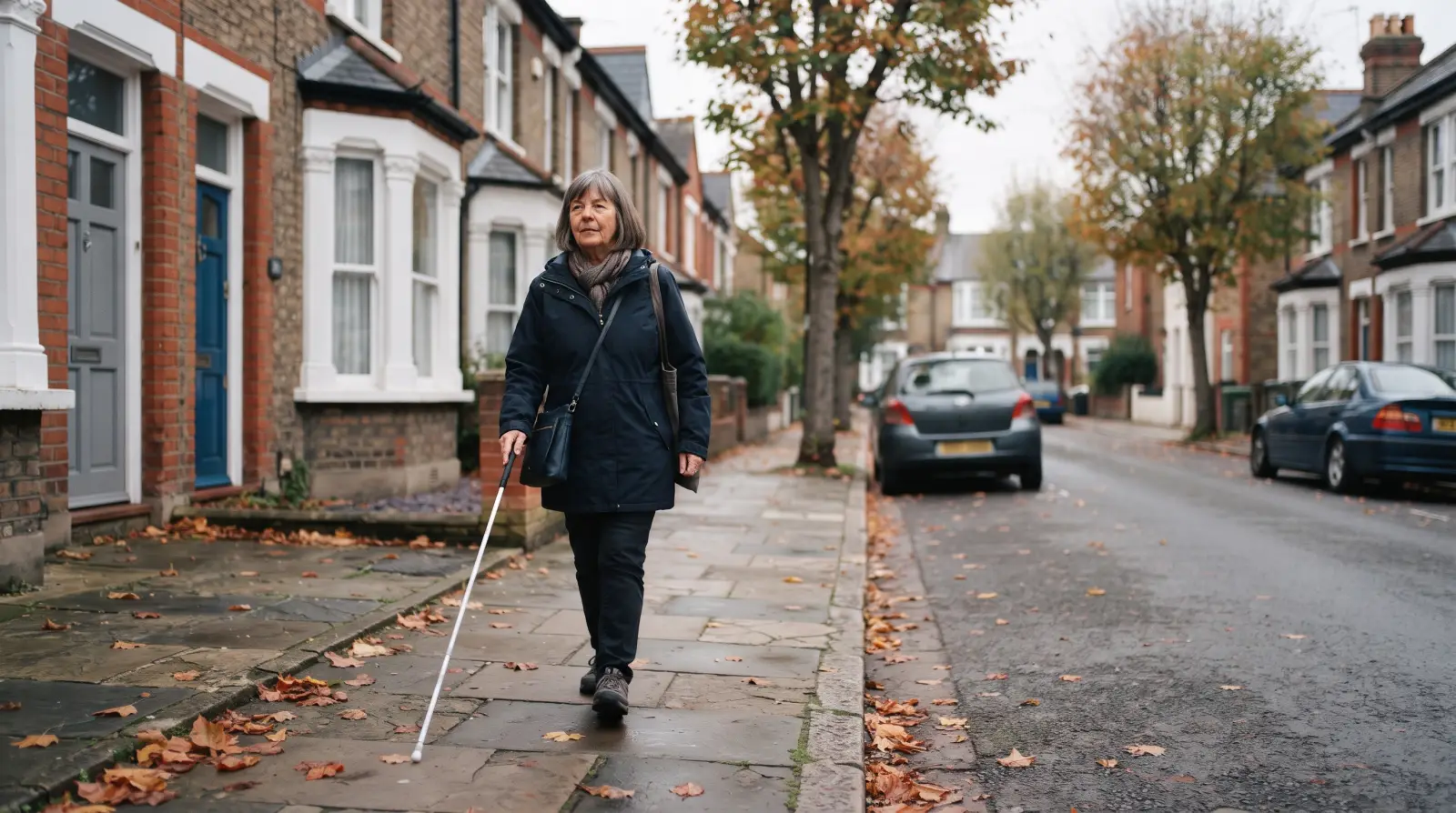 A woman in her late fifties walking with a white long cane along a residential street of brick terraced houses in autumn
