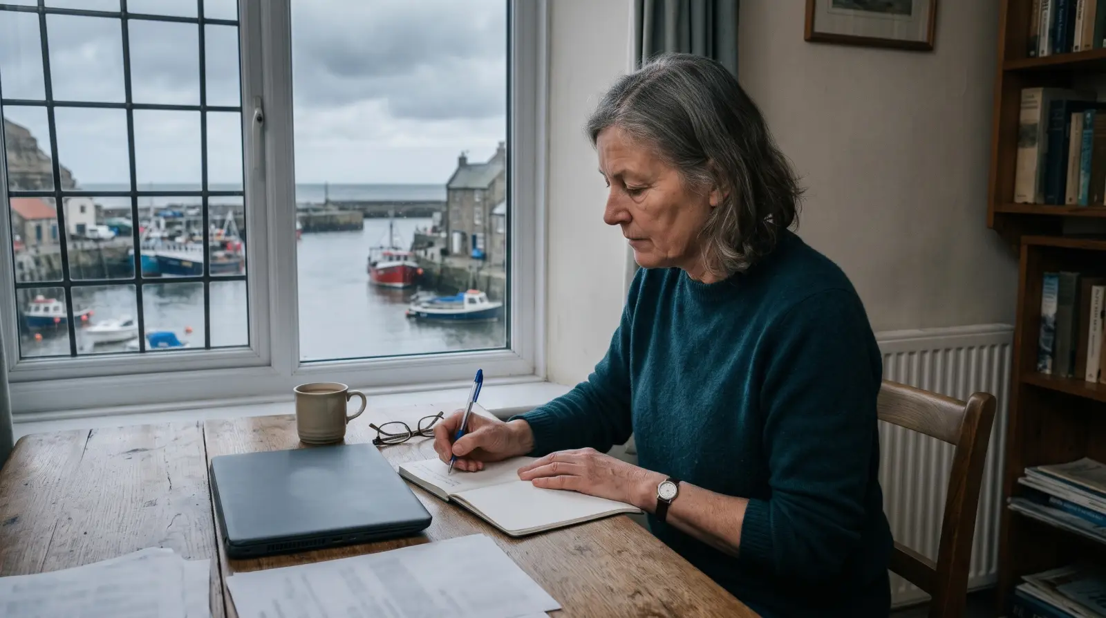 A woman in her sixties writing in a notebook at a wooden desk beside a closed laptop, a harbour with fishing boats outside the window