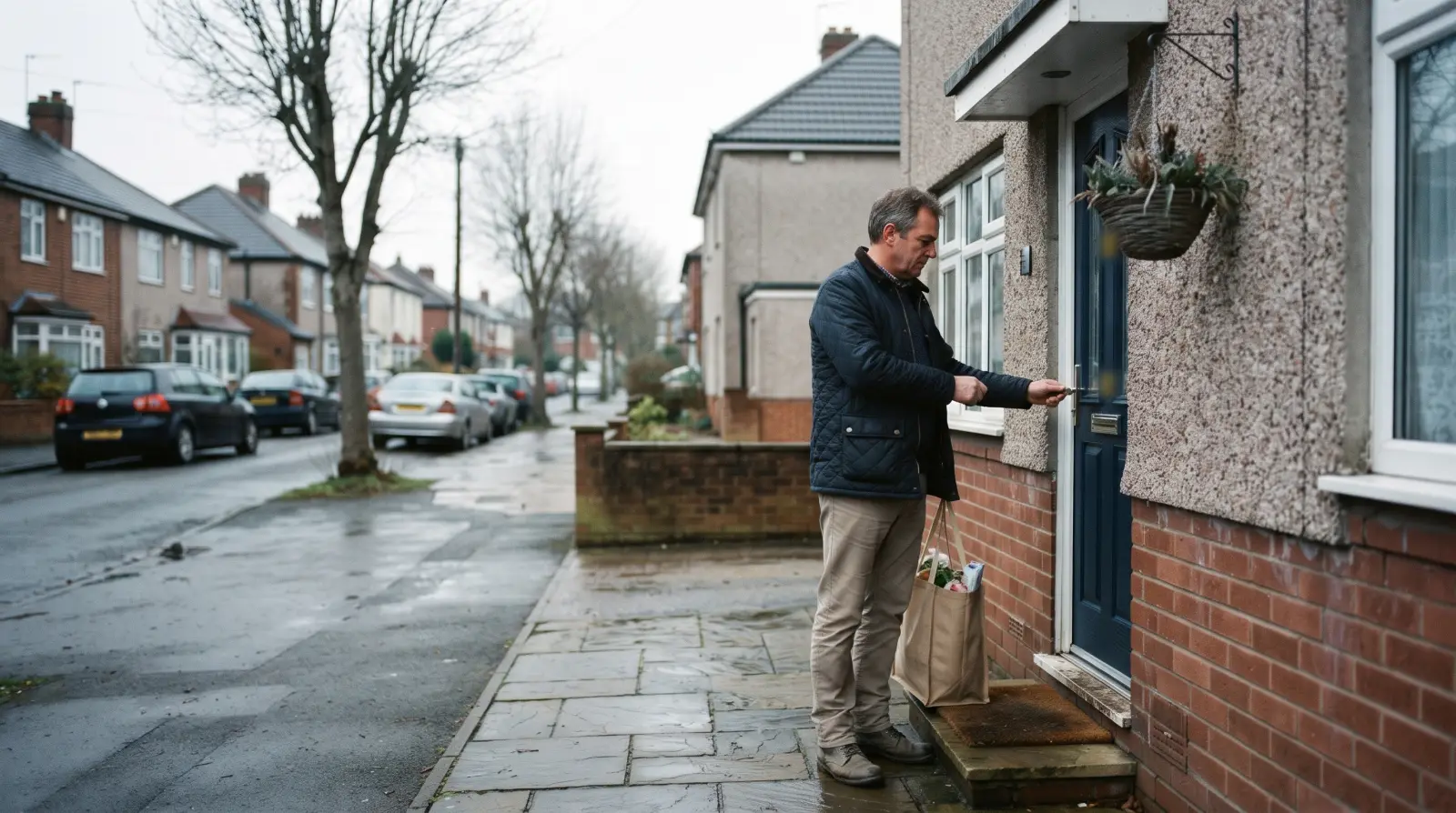 A man in his late forties with a shopping bag unlocking the front door of a semi-detached house on a wet afternoon