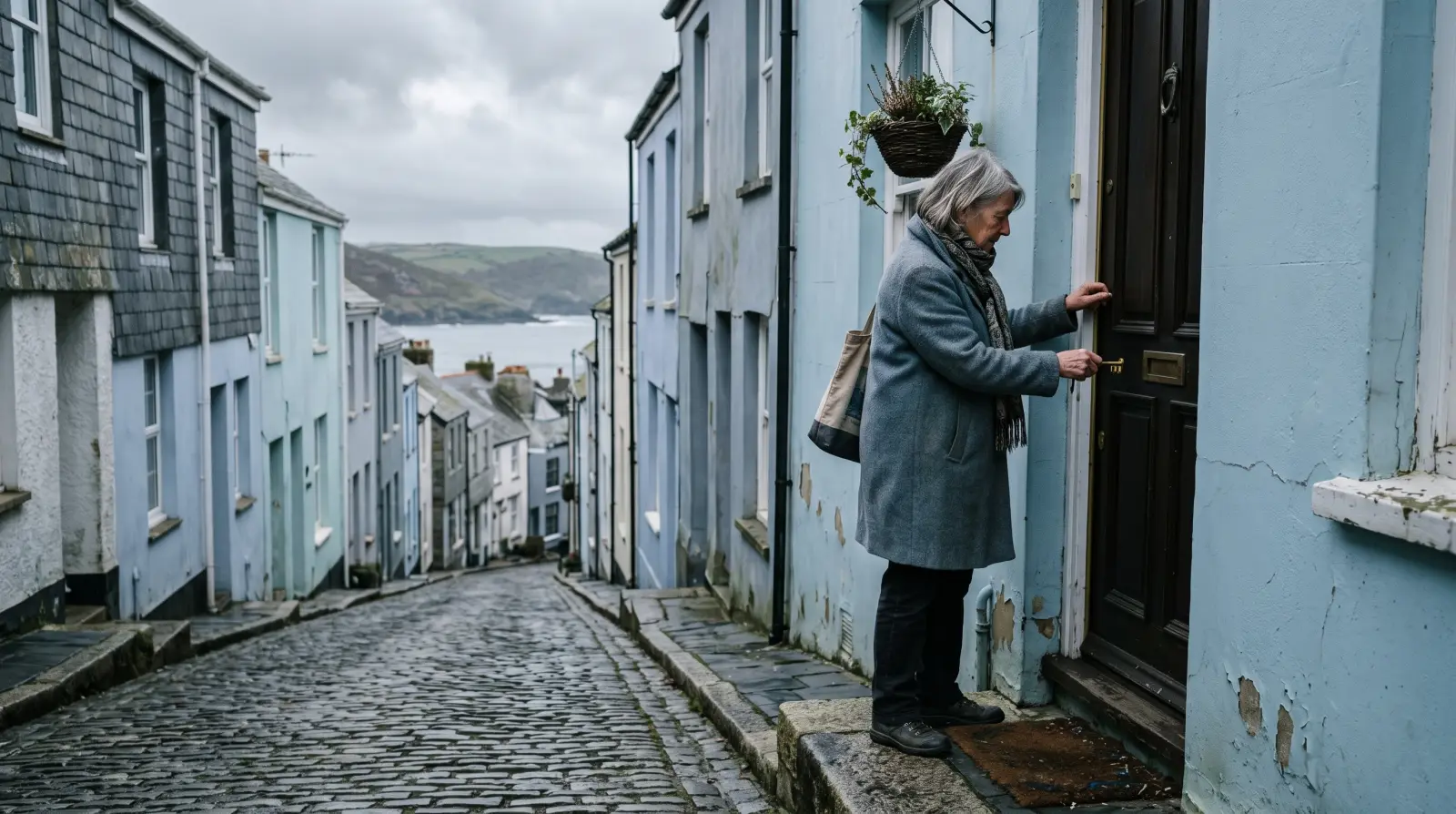 A woman in her seventies unlocking the front door of a pastel terraced house on a steep cobbled street in a fishing town
