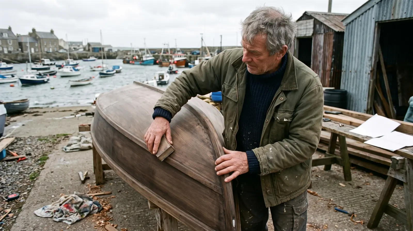 A man in his sixties in a work jacket sanding the hull of an upturned wooden rowing boat in a harbour boatyard