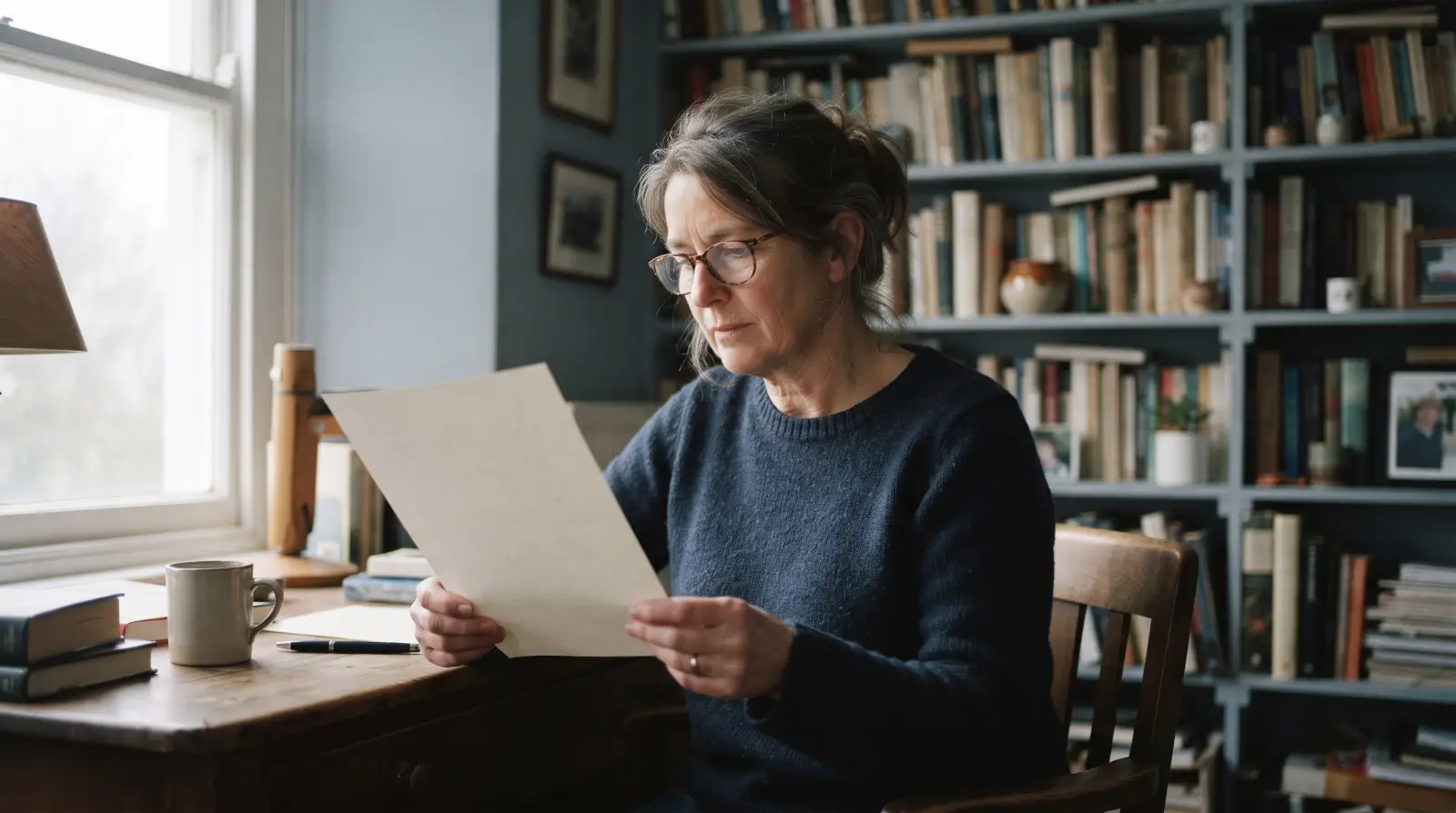 A woman in her fifties with glasses reading a printed sheet at a desk in a book-lined study