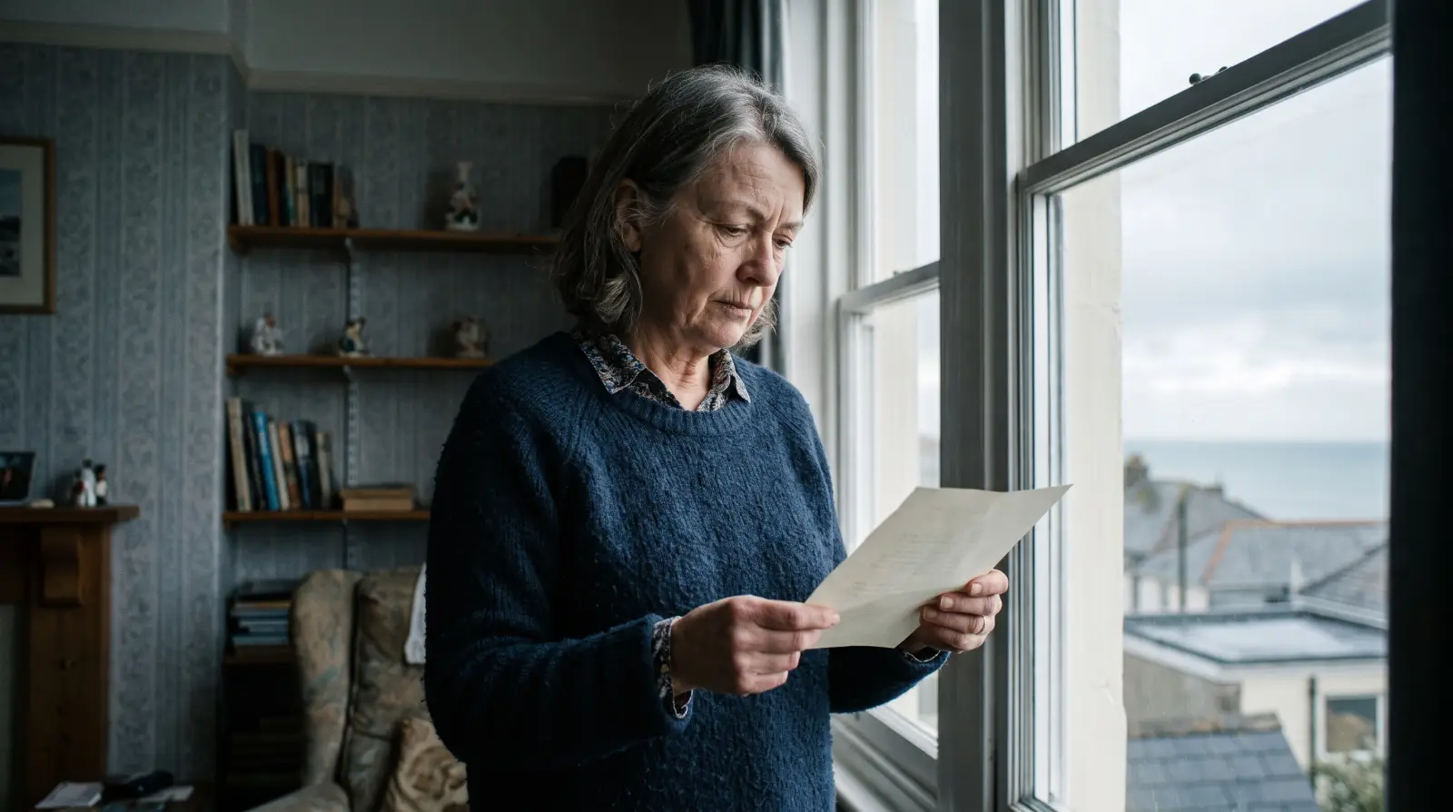 A woman in her sixties standing by a tall window in a seaside flat, reading a single sheet of paper