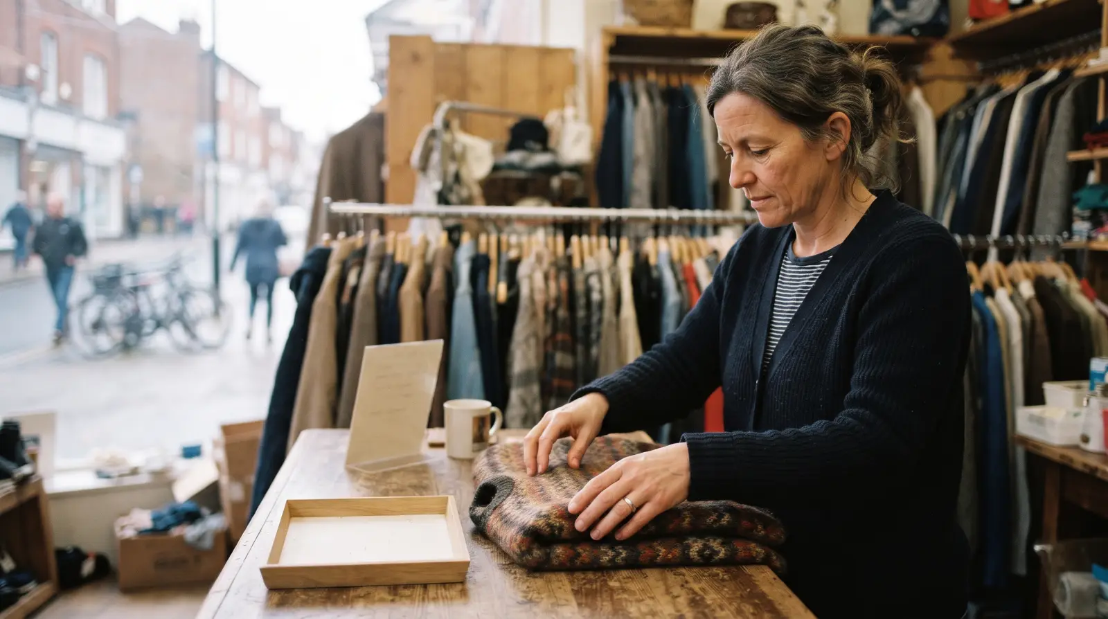 A woman in her forties folding a knitted jumper at the counter of a charity shop, racks of second-hand clothes behind her