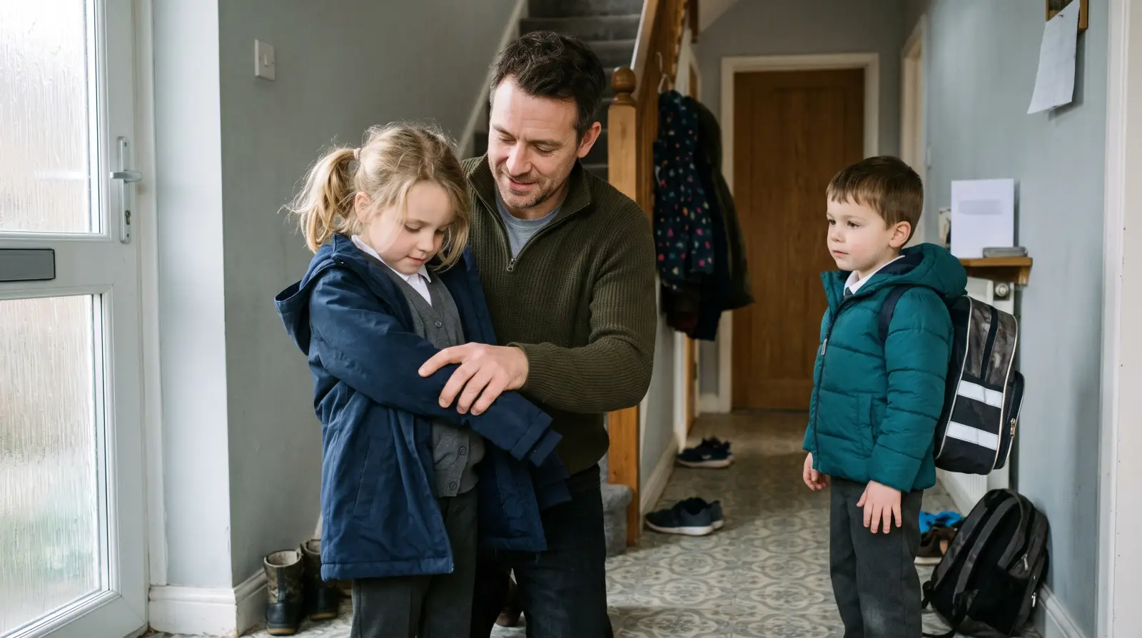 A father helping his young daughter into her school coat in the hallway while her younger brother waits with his rucksack