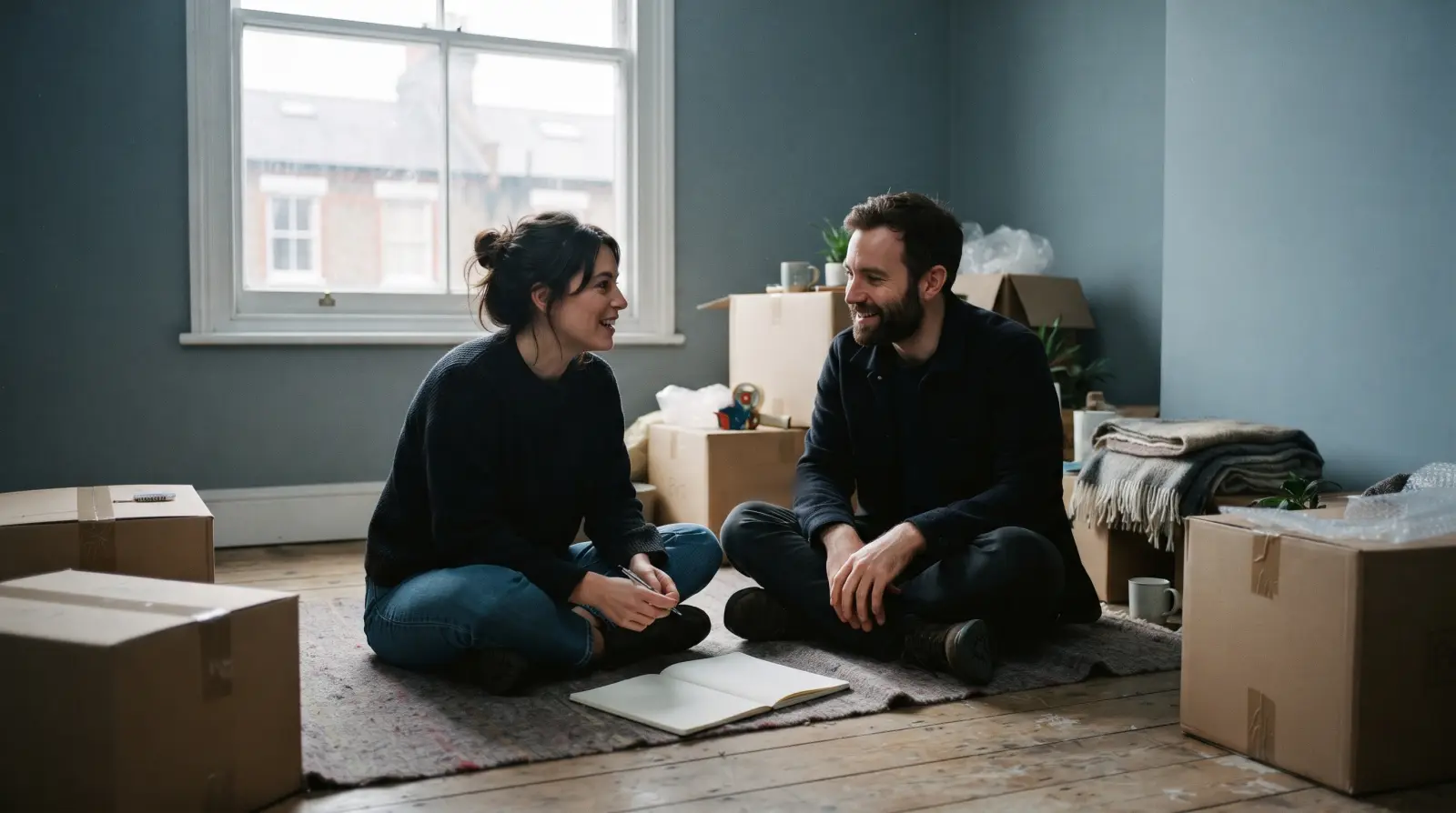 A young couple sitting on the floor of a nearly empty flat among cardboard boxes, talking, an open notebook between them