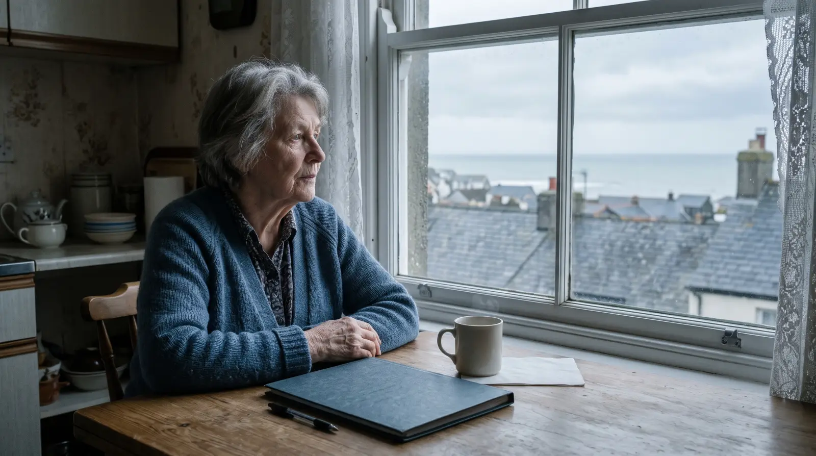 A woman in her late sixties at a kitchen table by a window, a closed folder and a mug in front of her, looking out over rooftops towards the sea