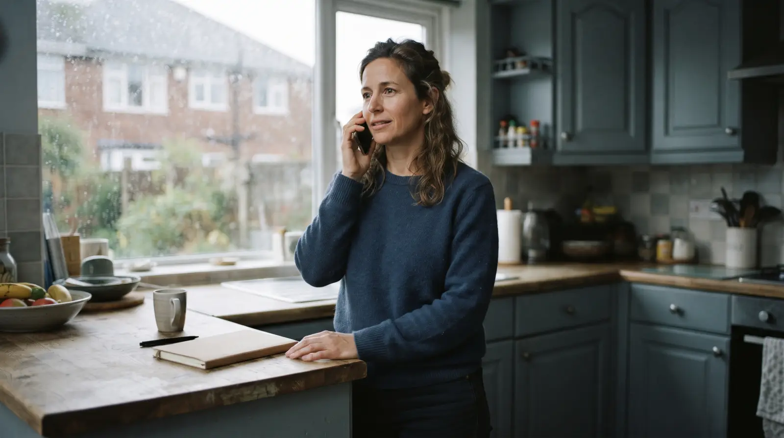 A woman in her mid forties standing at a kitchen counter talking on a mobile phone, a closed notebook in front of her, rain on the window