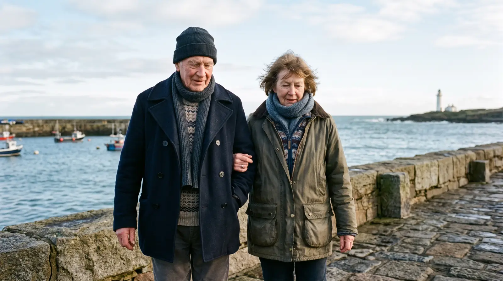 An older couple walking arm in arm along a stone harbour wall on a bright cold day, a lighthouse in the distance