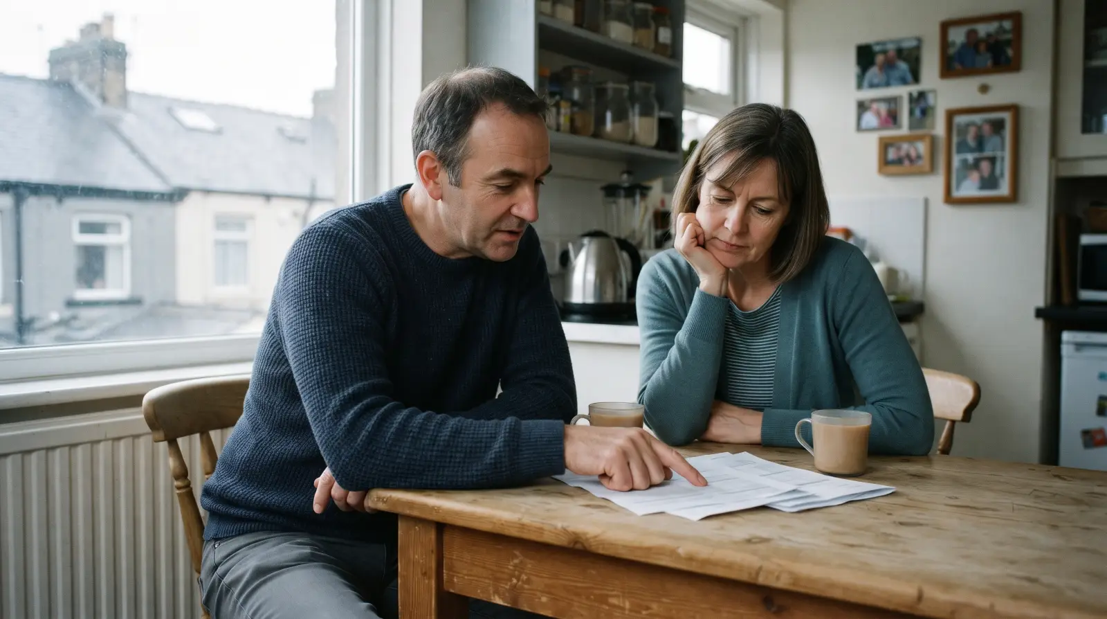 A couple in their early fifties at a kitchen table going through ordinary household paperwork together, mugs of tea beside them