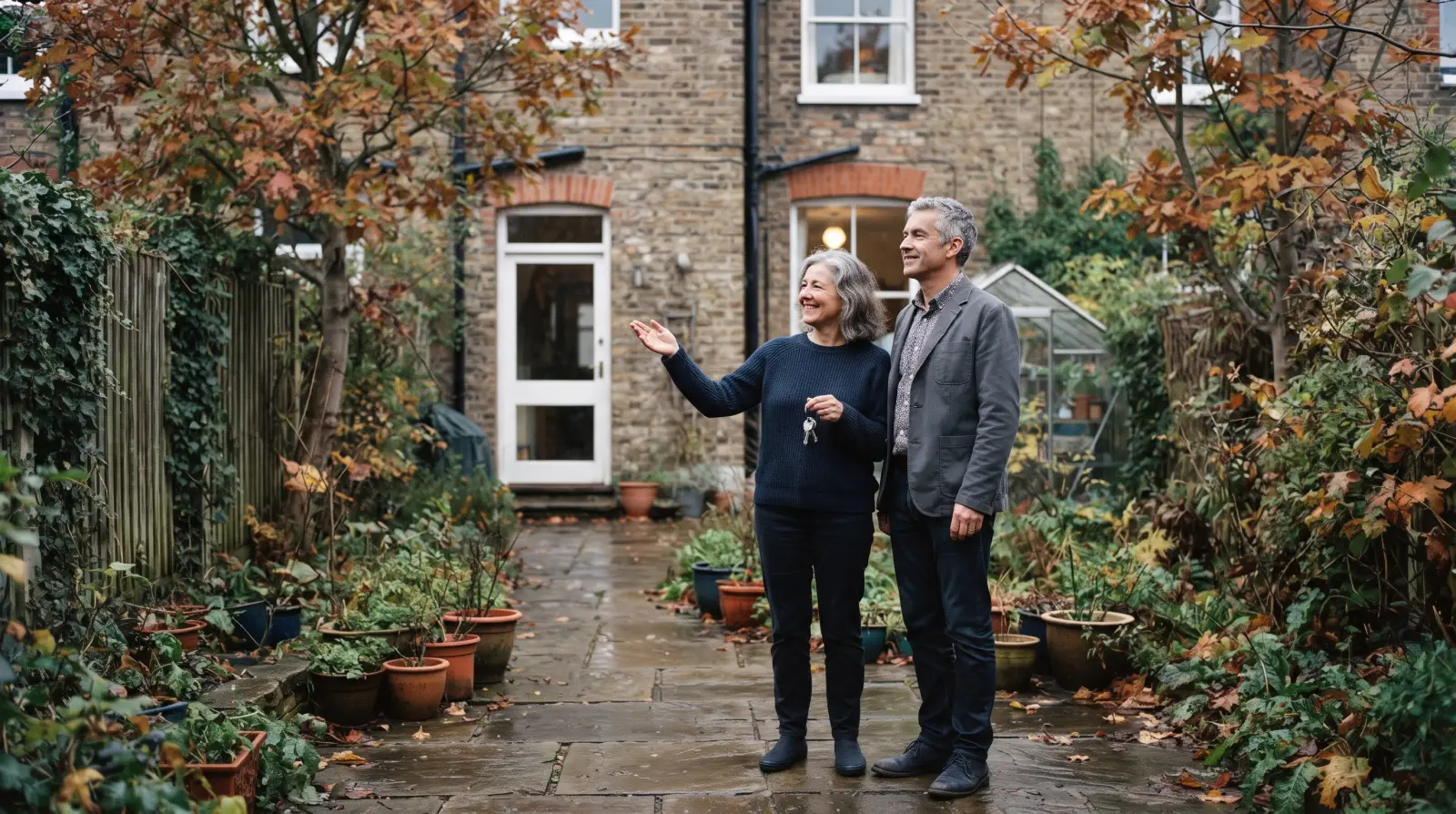 A couple in their fifties standing together in the garden of their brick house on an autumn afternoon, the woman holding a set of keys