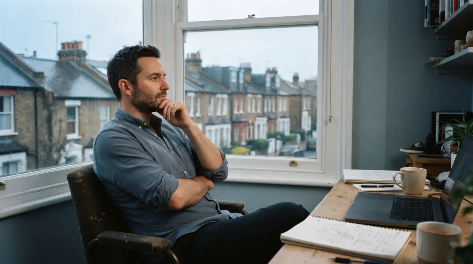 A man in his early forties at a home office desk by a tall window, leaning back in thought, terraced houses outside