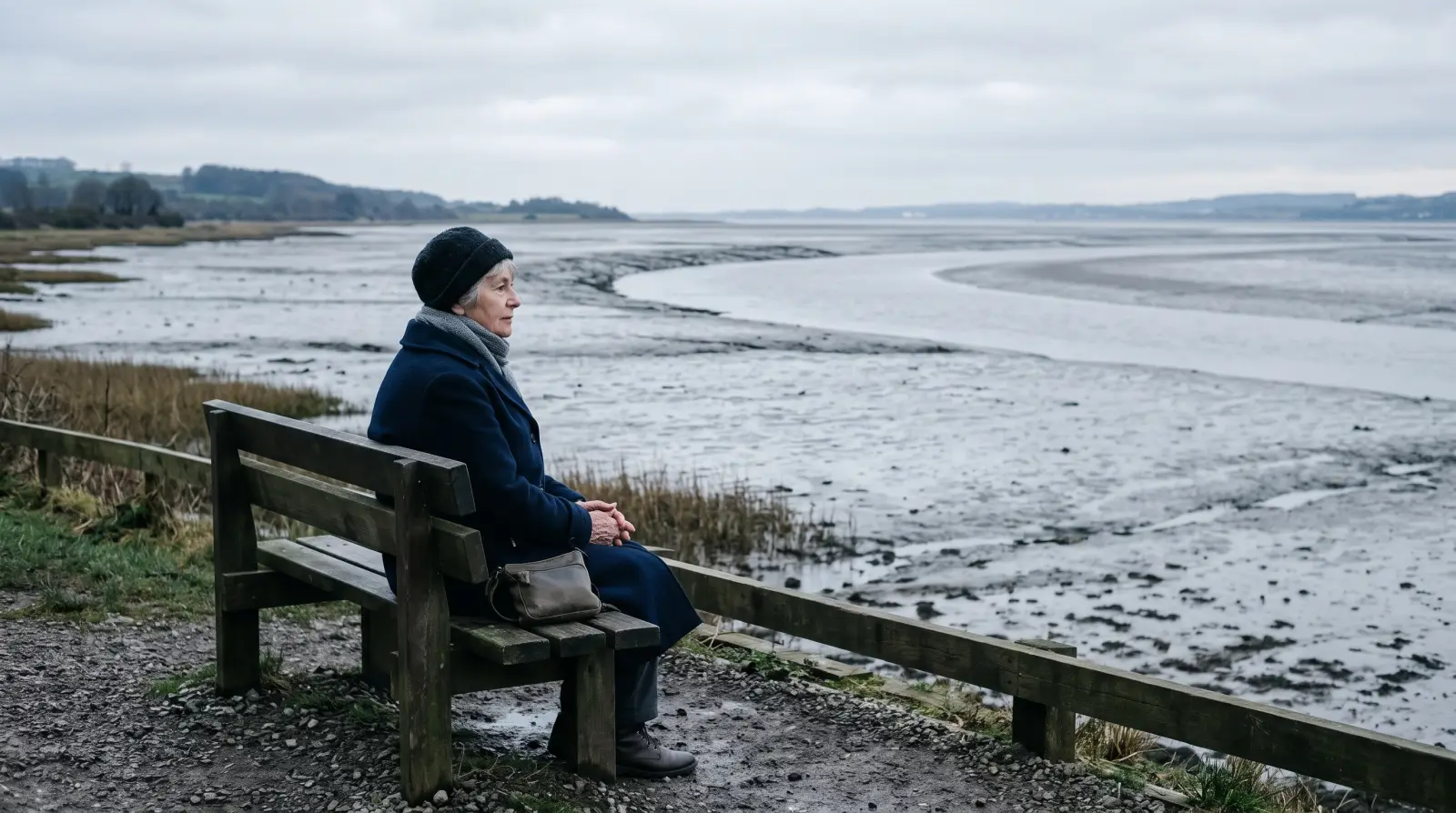 A woman in her seventies in a long coat sitting alone on a wooden bench overlooking a wide estuary at low tide