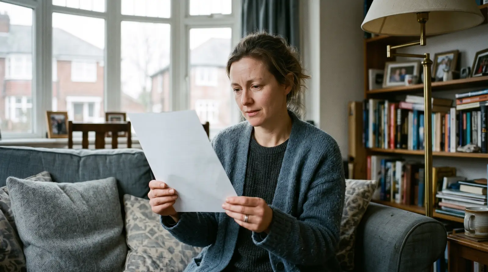 A woman in her late thirties on a sofa reading a single sheet of paper, bookshelves and a lamp behind her