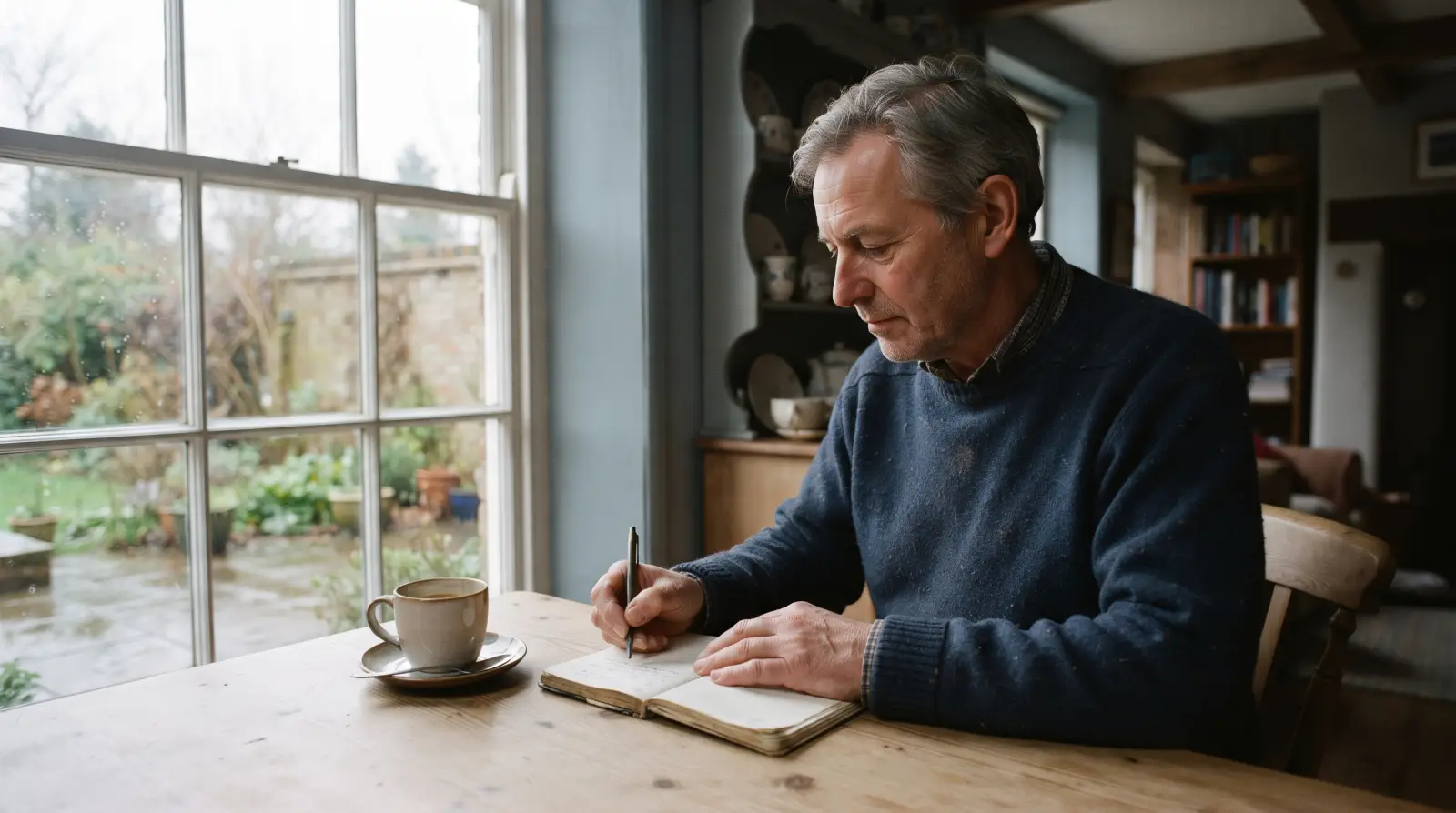 A man in his sixties writing in a small notebook at a dining table by a window, a cup of coffee beside him