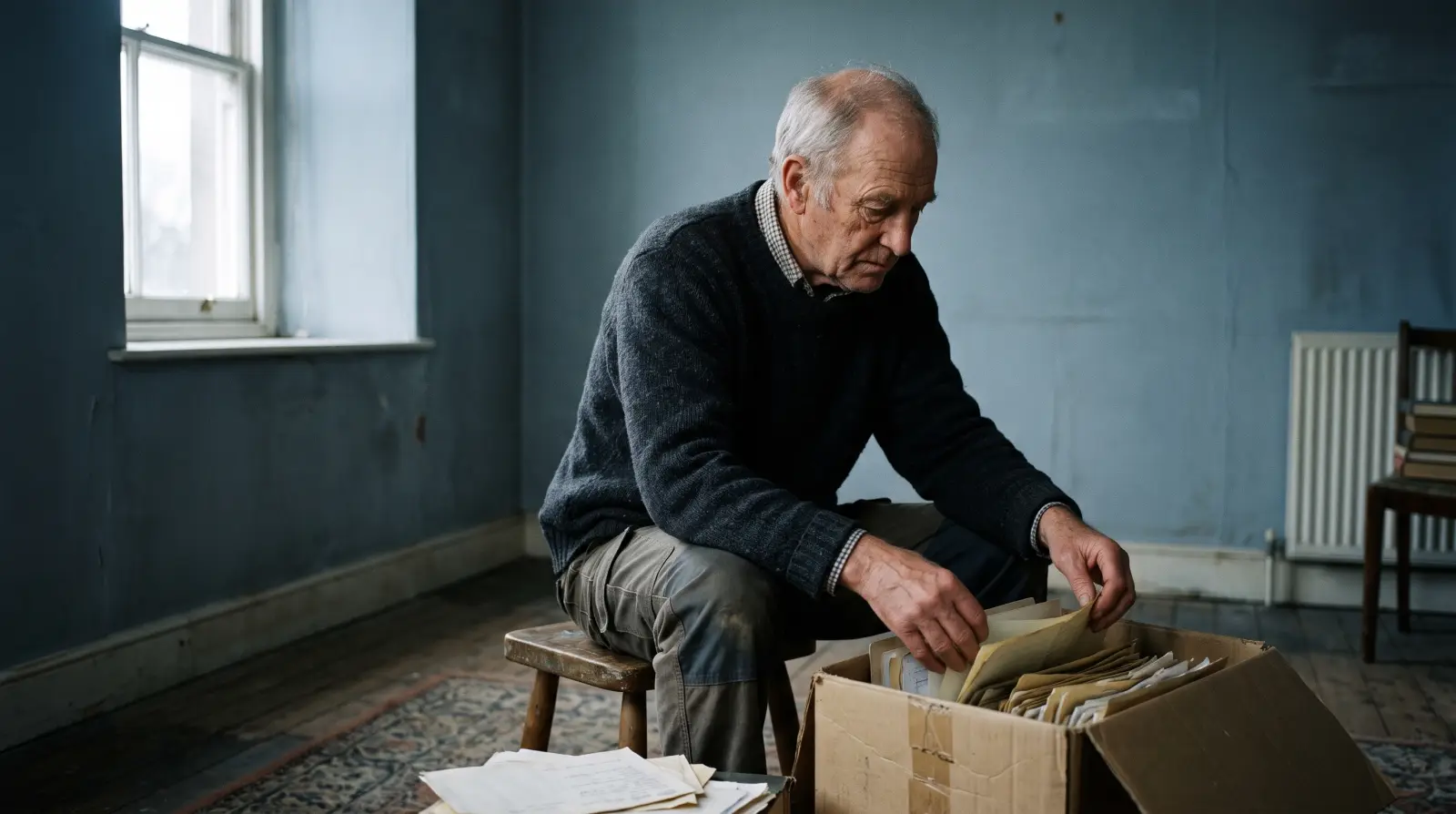 A man in his seventies sitting on a stool in a spare room, looking through an old cardboard box of papers