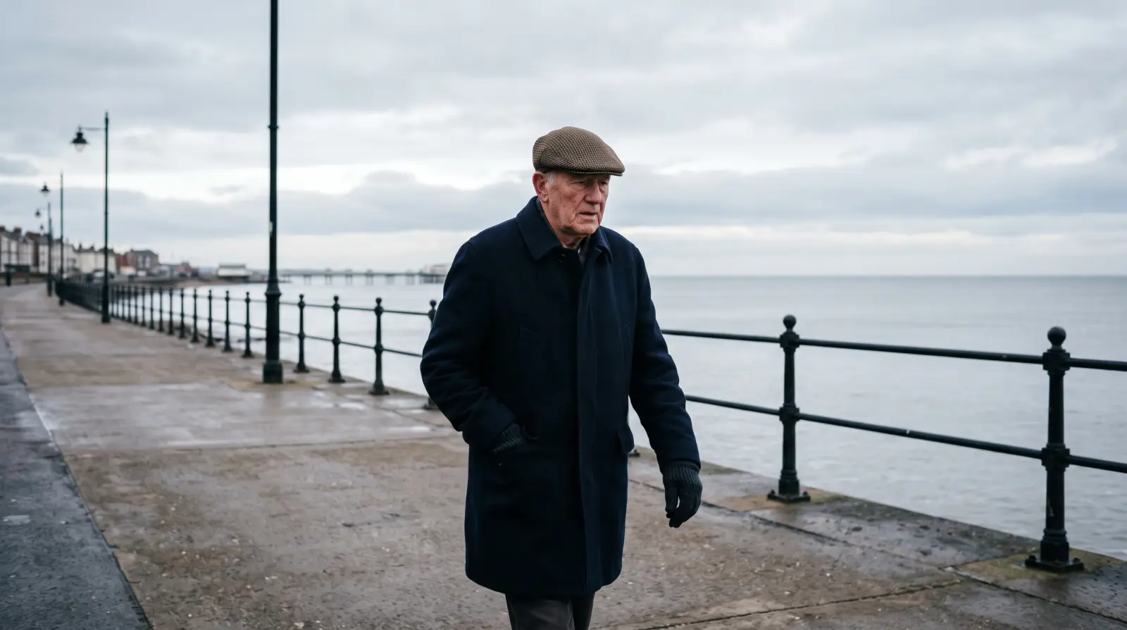 A man in his seventies in a dark coat and flat cap walking along an empty seafront promenade on a grey winter morning