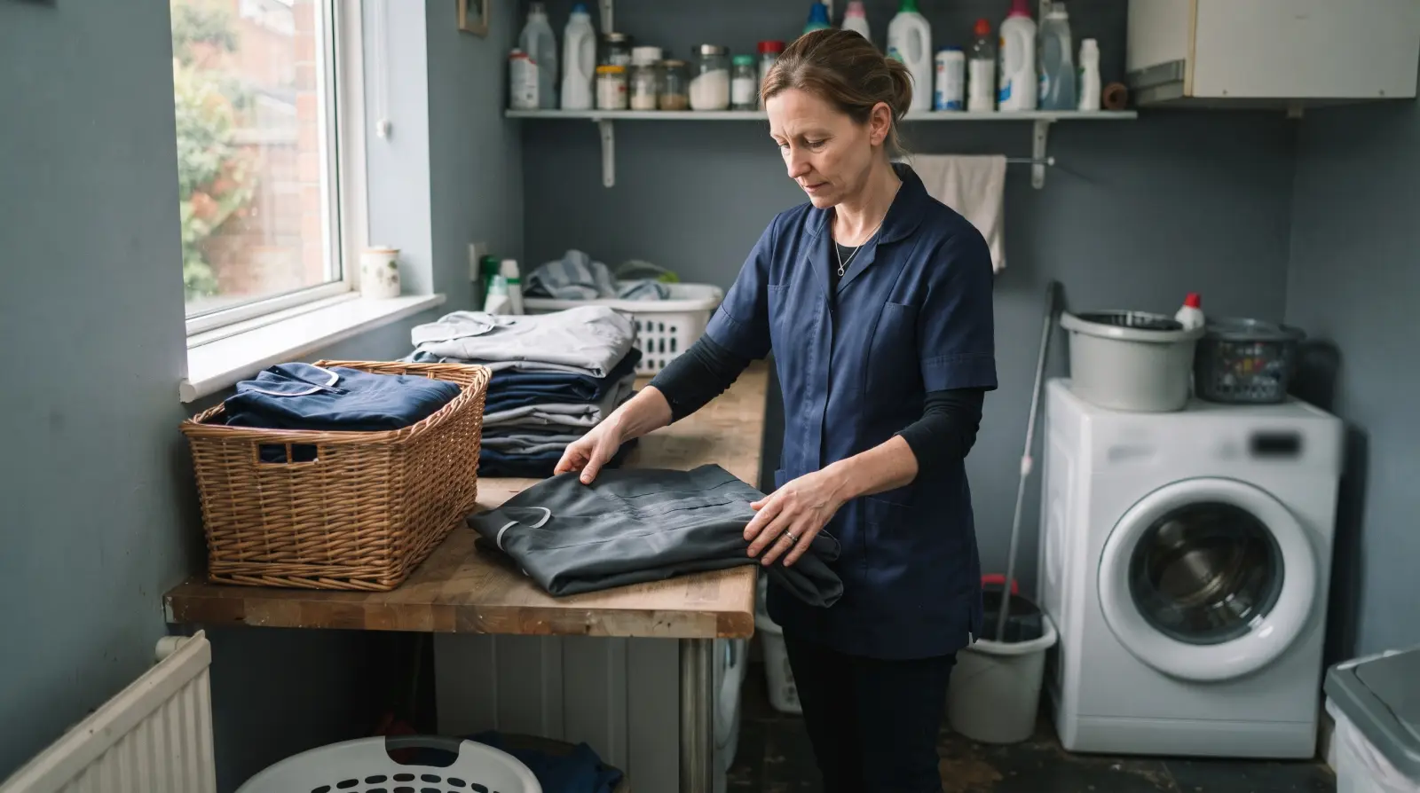 A woman in a navy work tunic folding clean uniforms in a small utility room beside a washing machine