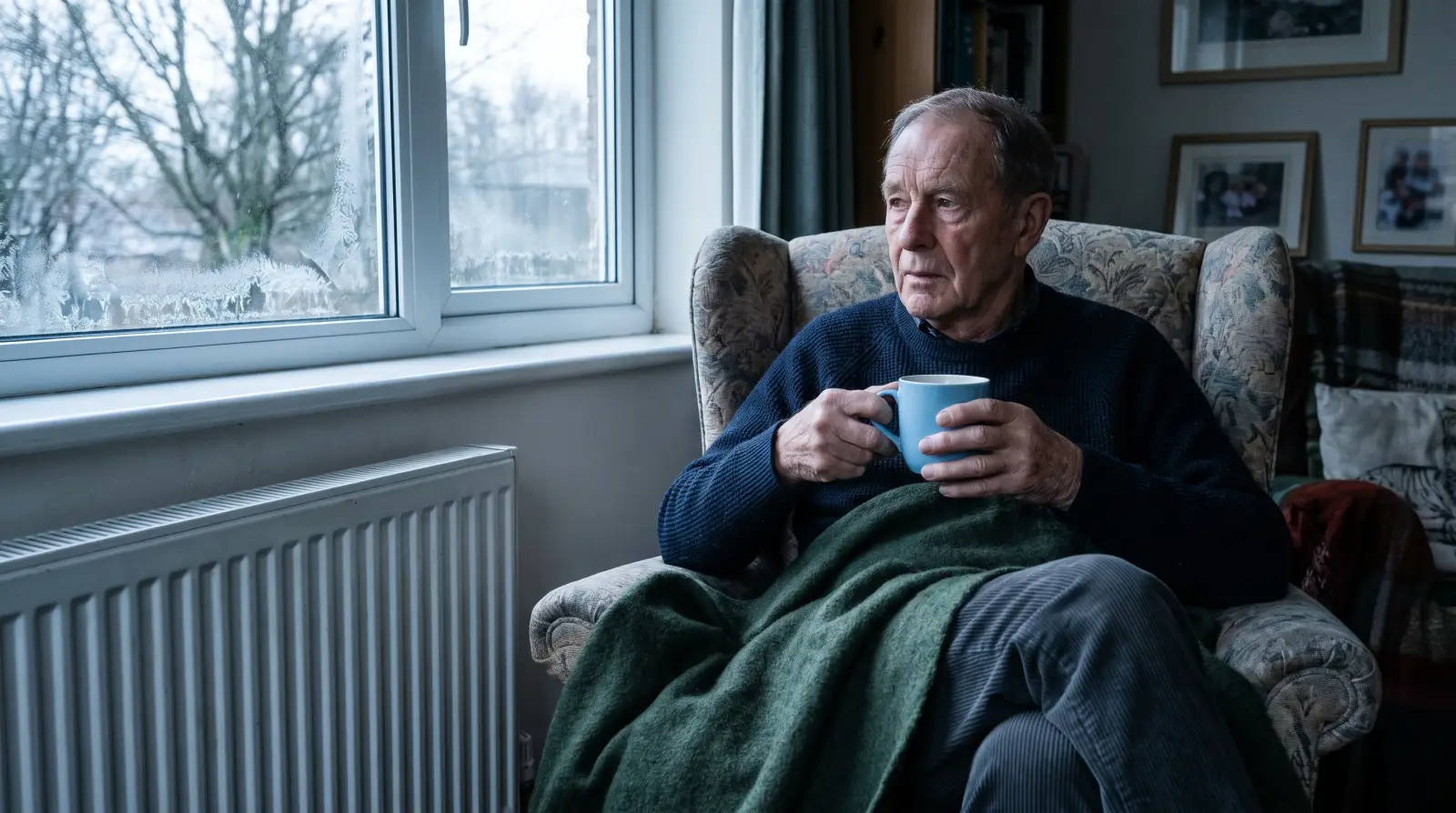 A man in his late seventies in an armchair by a frosted window, a blanket over his knees and a mug of tea in his hands