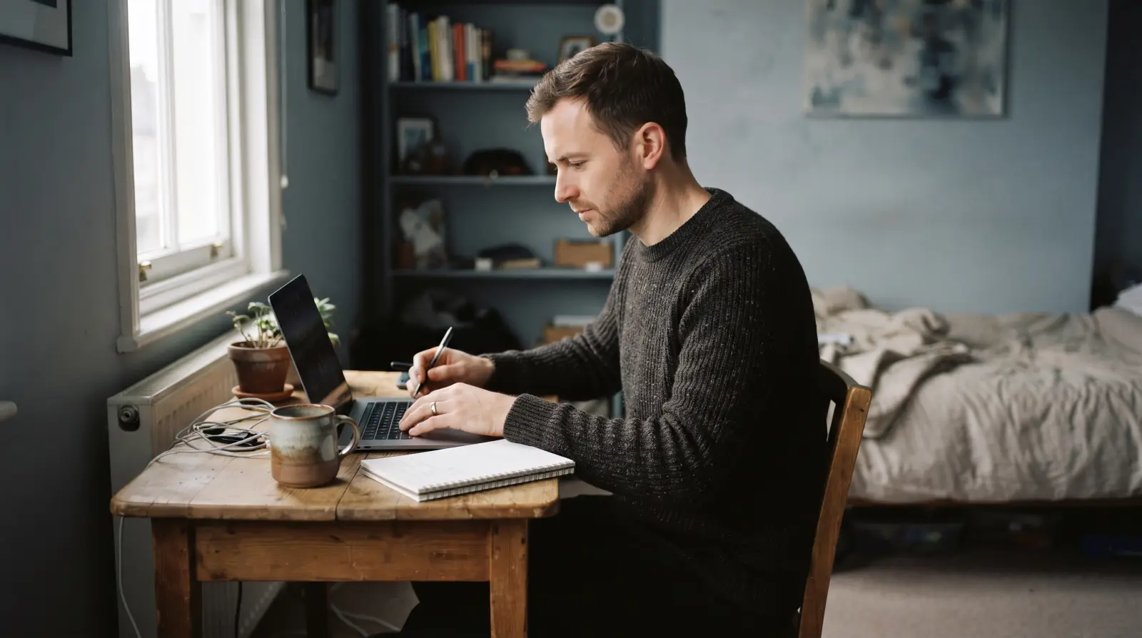 A man in his early thirties working at a small desk in the corner of a spare bedroom, a mug and notebook beside his laptop